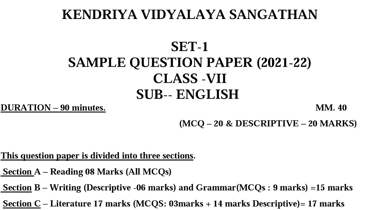 Class 7 ENGLISH Annual Exam 2022 Sample Question Paper For Kendriya