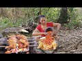 Grilled Big chicken spicy delicious for food and Meet wild crocodile - Survival cooking in forest