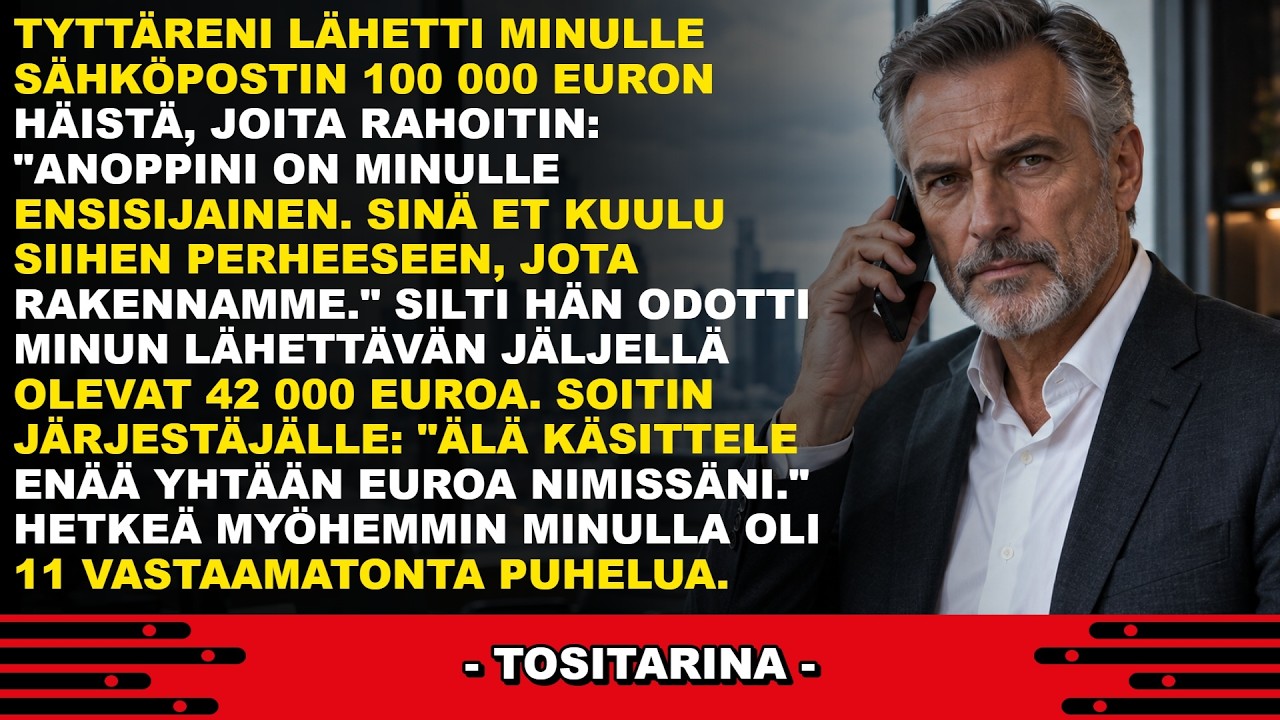 Tiistai-aamuna avasin sähköpostin ainoalta tyttäreltäni. Yksi lause pysäytti minut täysin: "Anoppini on minulle ensisijainen. Sinä et kuulu siihen perheeseen, jota rakennamme." Mutta viimeinen...