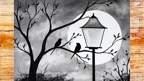 How to Draw Scenery Moonlight Night with pencil sketch || Love Birds Scenery Drawing || easy drawing