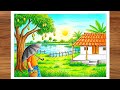 Beautiful Village Scenery Drawing | How to Draw Summer Season Scenery Step by Step