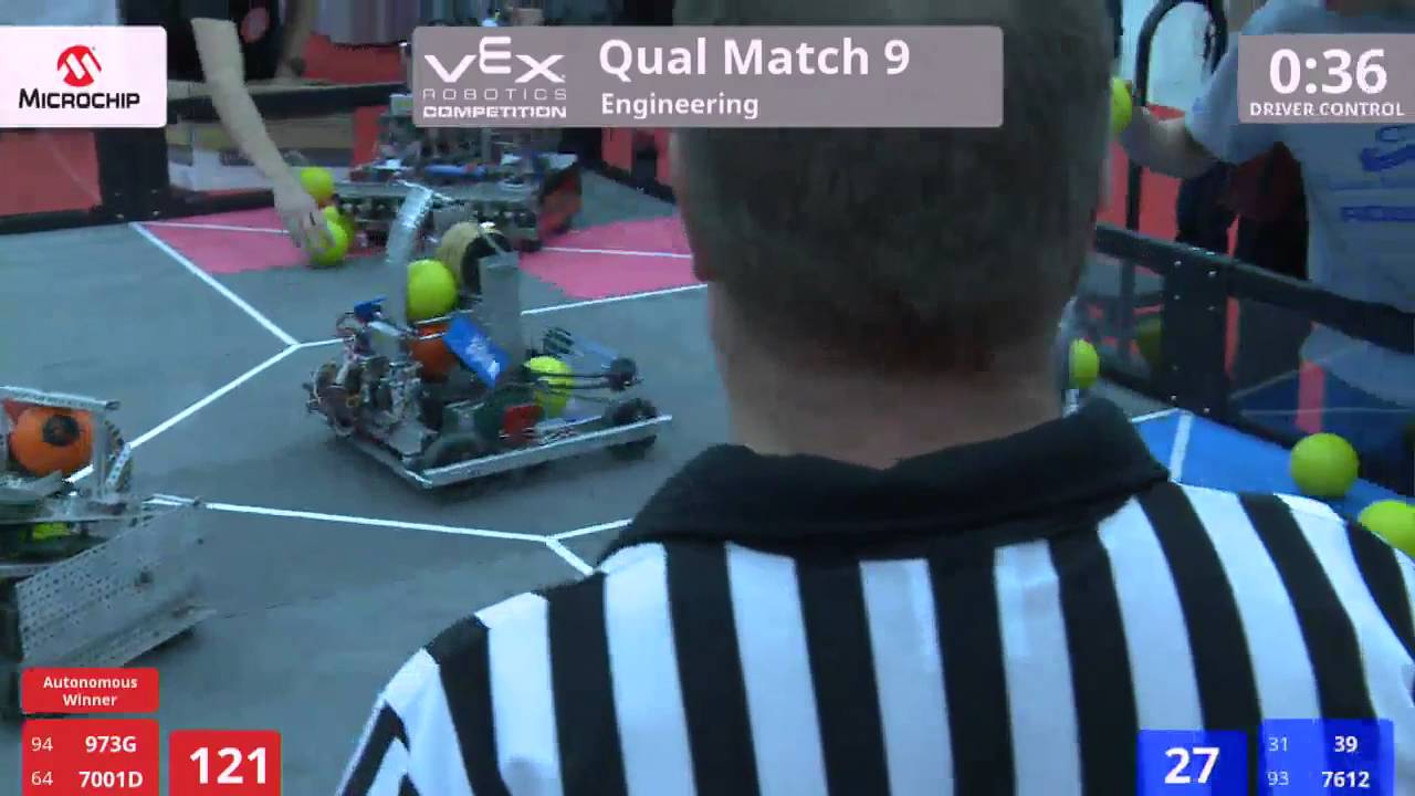 VEX Worlds 2016 - VRC High School - Engineering - Qual 9 (973G 7001D) 227 vs 60 (39 7612)