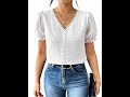 Shasmi Women's Elegant French Textured Fabric Solid Color Lace Panel V-Neck Jacquard Blouse,Short..