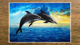 dolphin sunset oil drawing pastel draw pastels scenery beginners