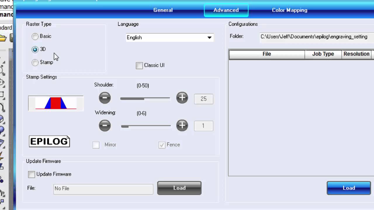 Epilog Legend 36EXT Advanced tab