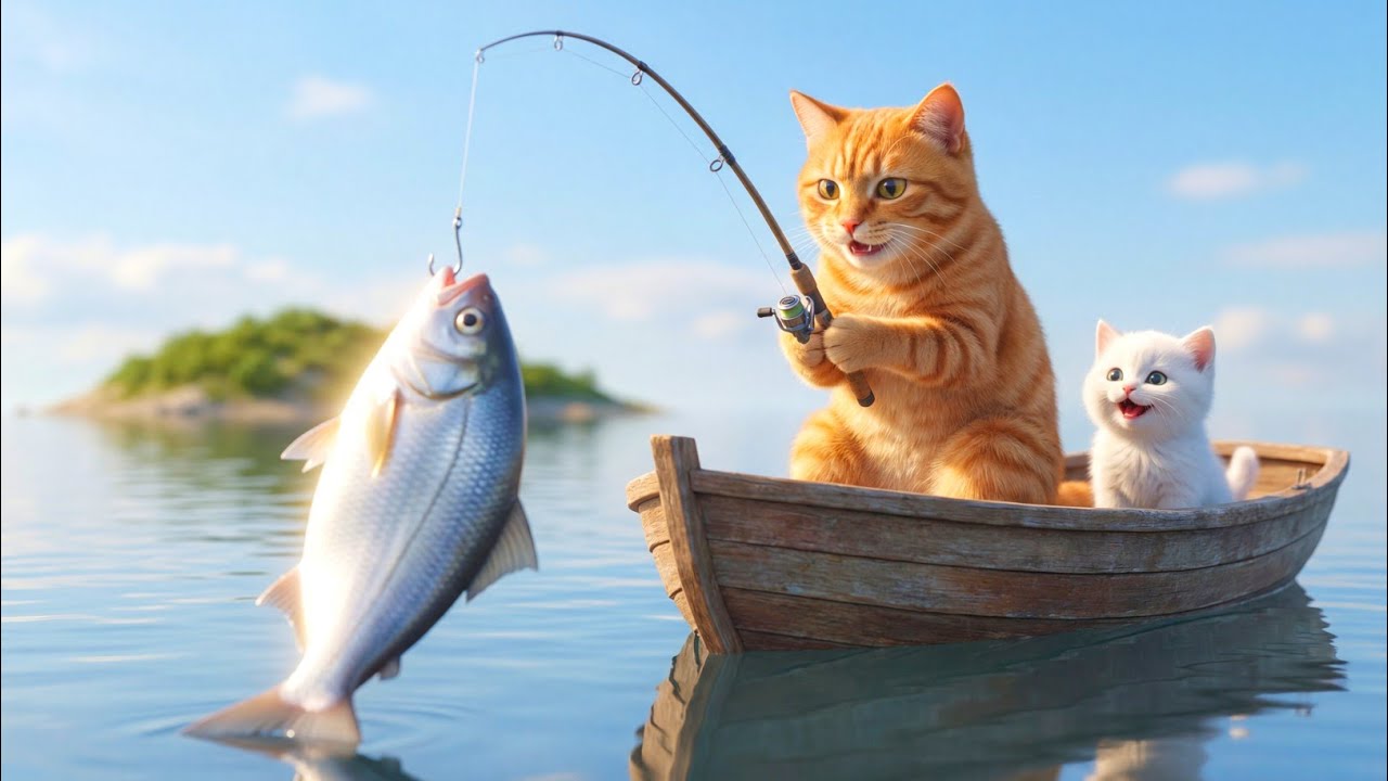 A Mama cat catches fish from the pond for her baby Cat and goes home and cooks and eats it.🐾🧢🐯