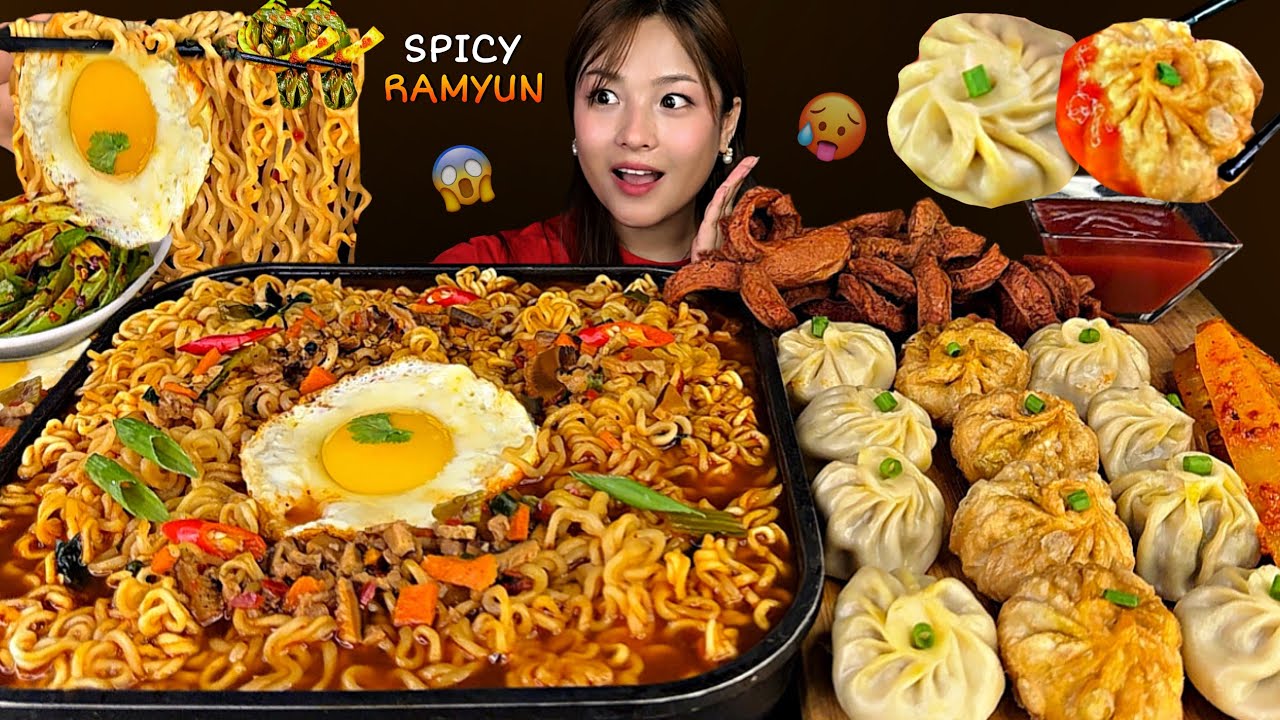 5 PACKET SUPER SPICY SHIN RAMYUN🔥SPICY KIMCHI WITH BUFFALO MOMO | NEPALI MUKBANG | #mikasa 