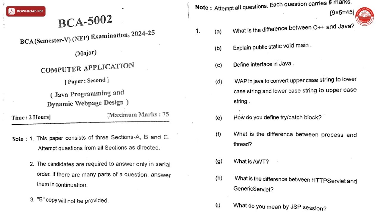 BCA 5TH SEM COMPUTER APPLICATION P JAVA PROGRAMMING AND DYNAMIC BCA 2025 | CSJMU