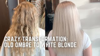 Blonde transformation: taking old blayage to solid white platinum blonde in one appointment