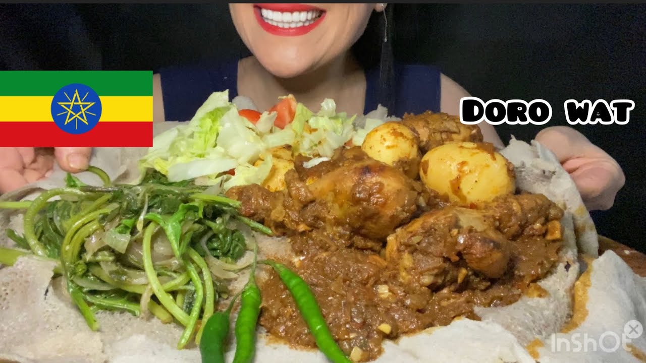 Asmr cook and eat Ethiopian food Dora wat spicy chicken stew with injera bread | spinach