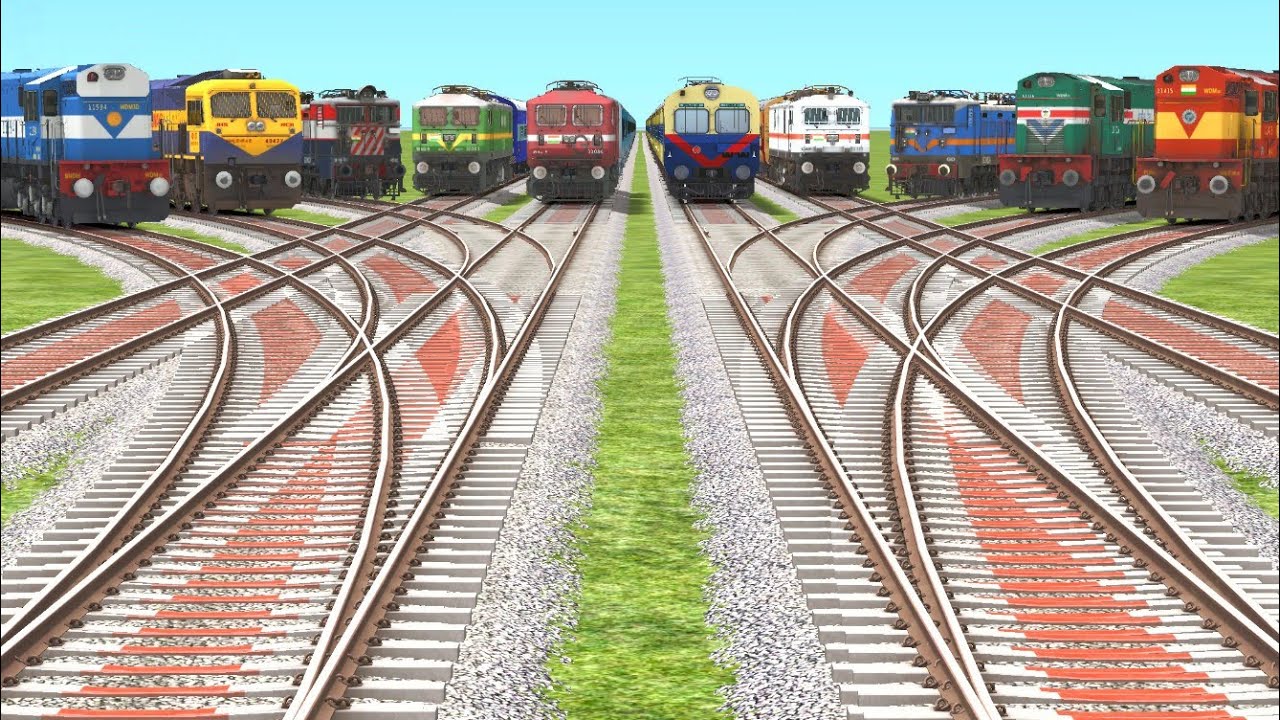 Electric & Diesel Trains Crossing On Curved Forked Railroad 2.0 | Curved Branched Track🔻10 Trains