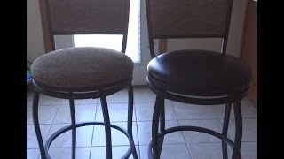 How to video on converting a round seat cushion from cloth to faux leather.