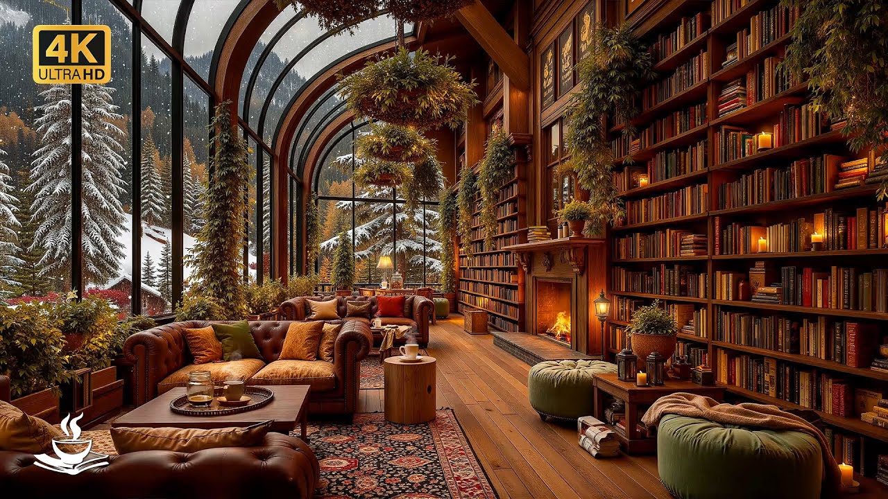Soft Jazz for Reading Books in a Winter Library | Snowy Window Views ...