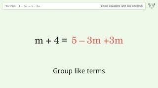 Linear equation with one unknown: Solve 4-2m=5-3m step-by-step solution