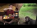 Solo camping  korean bbq on a sad iron stove  creek and rain forest views with dog  asmr 