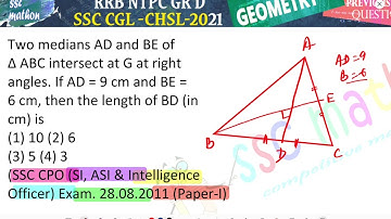 Two medians AD and BE of Δ ABC intersect at G at right angles. If AD = 9 cm and BE =6cm