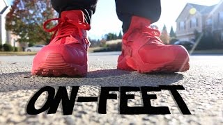 red huaraches on feet