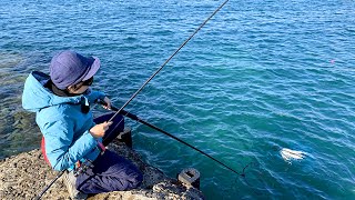 Japanese Female Angler Caught the Biggest Fish of the Season at the Rocky Shore!