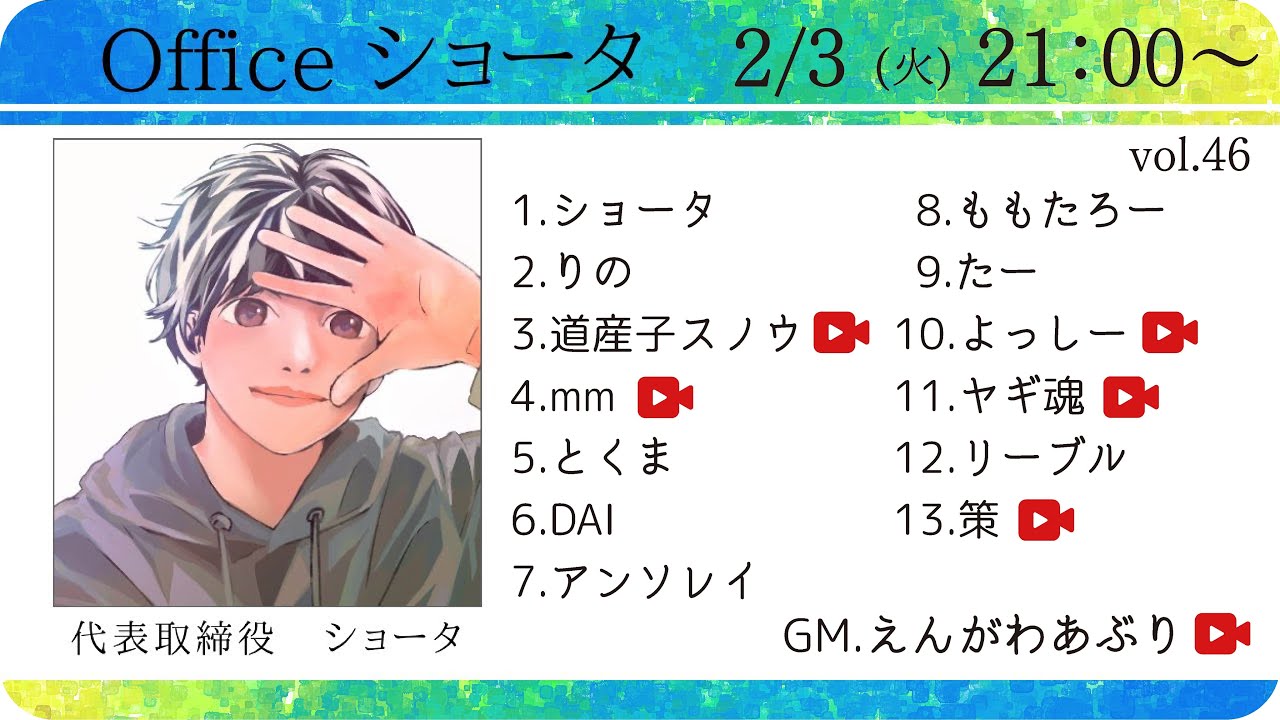 【zoom人狼】 オフィスショータ 定例人狼vol.46 2026/2/3  【策視点】