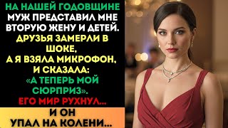 картинка: На годовщине муж представил мне вторую жену. Я взяла микрофон и сказала: «А теперь мой сюрприз...»
