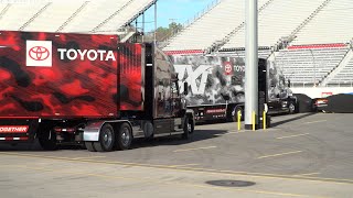 NASCAR HAULER 23 HAD A TIGHT SQUEEZE TO PARK BETWEEN THE 45 HAULER AND A LIGHT POLE AT MARTINSVILLE