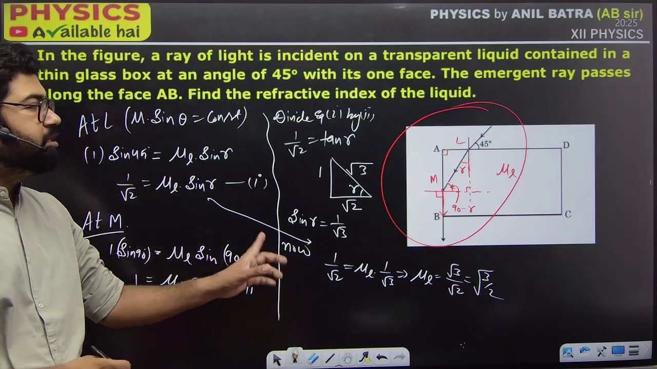 In the figure, a ray of light is incident on a transparent liquid ...