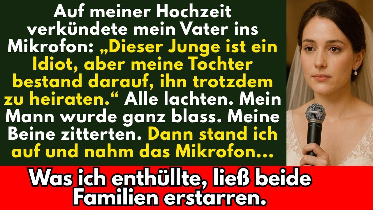 Bei Hochzeit sagte Vater: „Der Junge ist ein Idiot!“ Mein Mann erblasste… dann griff ich zum Mikro…