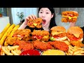 ASMR MUKBANG| 직접 만든 햄버거 매콤 후라이드 치킨 치즈스틱 먹방 &amp; 레시피 FRIED CHICKEN AND HAMBURGER EATING