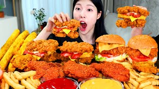 ASMR MUKBANG| 직접 만든 햄버거 매콤 후라이드 치킨 치즈스틱 먹방 & 레시피 FRIED CHICKEN AND HAMBURGER EATING