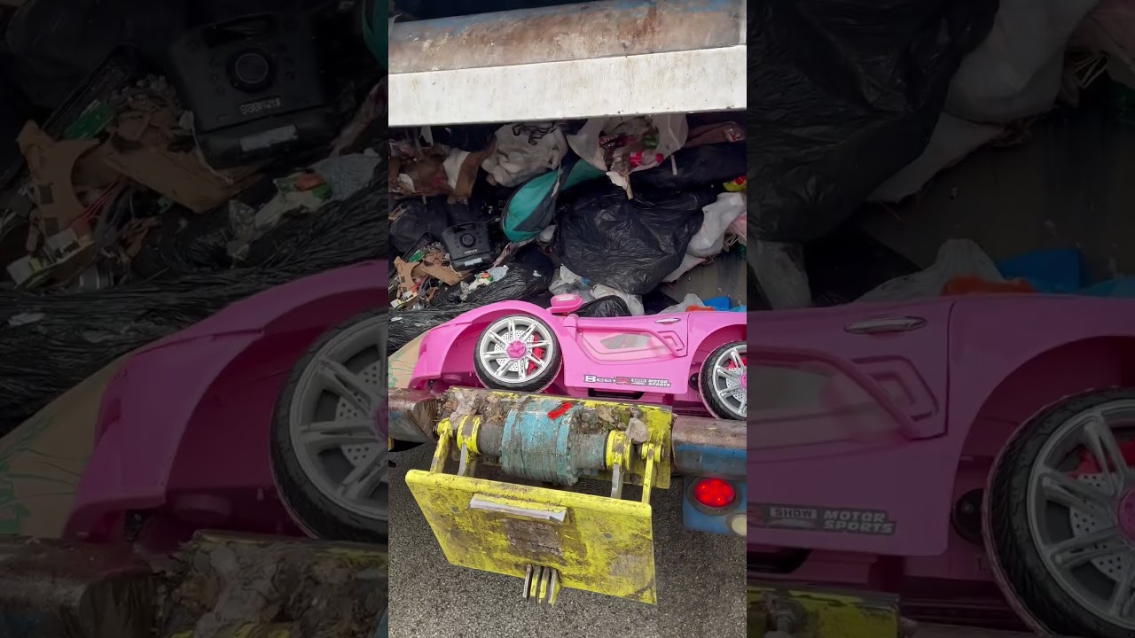 Little Girl Car Corvette gets Destroyed by Rear loader garage truck  