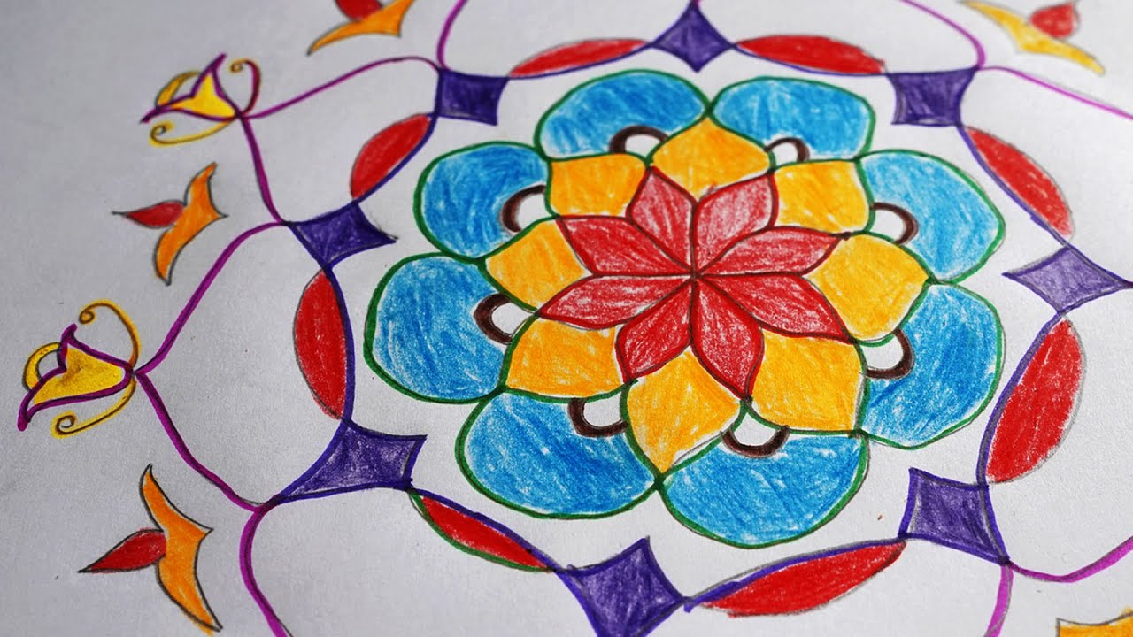 How to draw rangoli kolam with paper and oil pastel # 002 l A4 ...