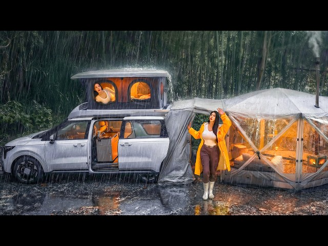 ☔️HEAVY RAIN CAMPING IN A CAMPER VAN DEEP IN THE FOREST
