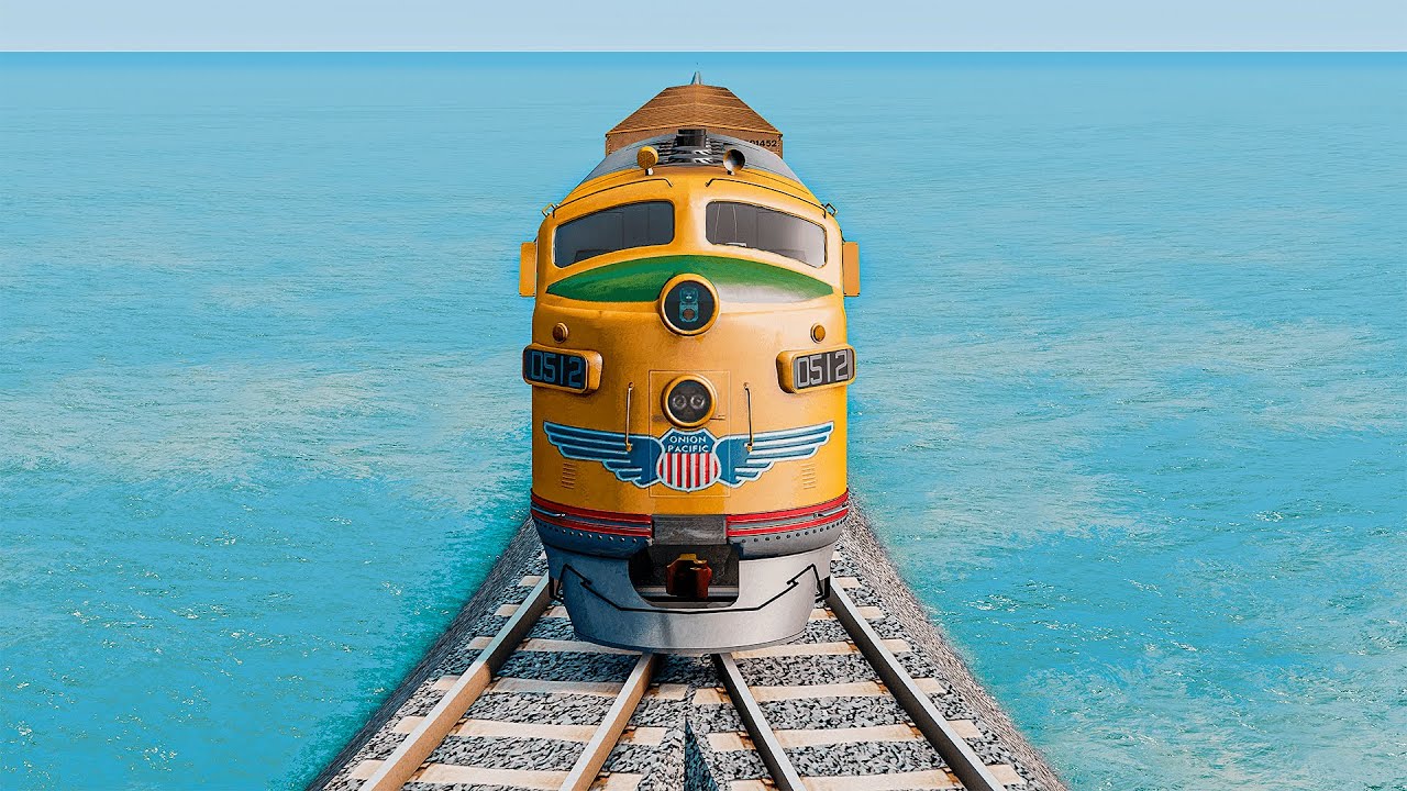 Sunny Train Races Straight Double Railway Tracks Across the Endless Ocean in BeamNG.drive