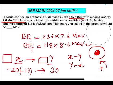 JEE MAIN 2024 (27jan shift1)In a nuclear fission process, a high mass nuclide (A = 236)with bindin 14 JEE MAIN 2024 (27jan shift1)In a nuclear fission process, a high mass nuclide (A = 236)with bindin