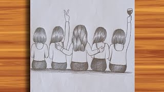 5 girls best friends drawing step by step|how to draw five girls friendship drawing easy|bff drawing