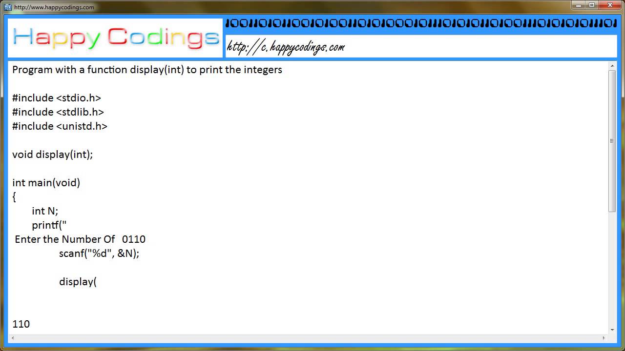 Program with a function display int to print the integers c code example - YouTube Program With A Function Display Int To Print The Integers C Code Example - Youtube