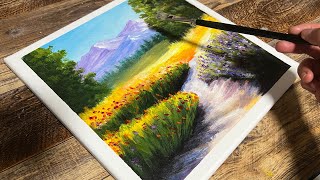 Acrylic Landscape Painting | Lavender & Flower Fields | Time-Lapse