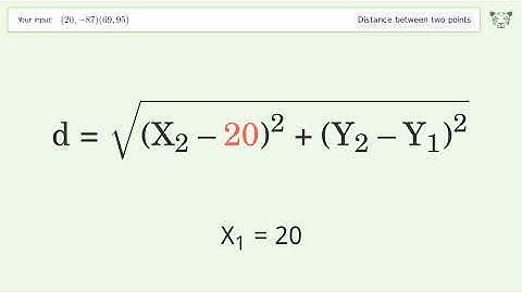 Find the distance between two points p1 (20,-87) and p2 (69,95): Step-by-Step Video Solution