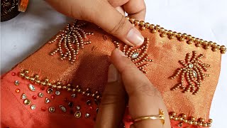 Very Easy and Trendy Blouse design without using ball and stone chain|Aariwork with normal needle