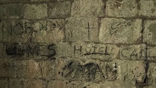 Haunted Yester Castle Ruin with Satanic graffiti.