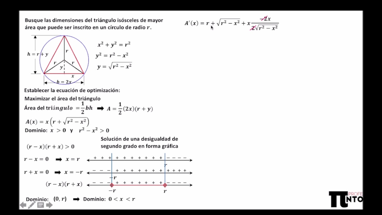 Busque las dimensiones del triángulo isósceles de mayor área que puede ser inscrito en un círculo