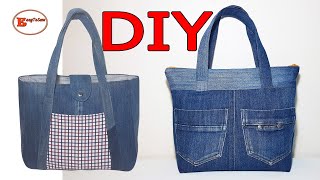 2 AMAZING IDEAS TO REPURPOSING OLD JEANS | UPCYCLING OLD JEANS INTO TOTE BAG | BAG SEWING TUTORIAL