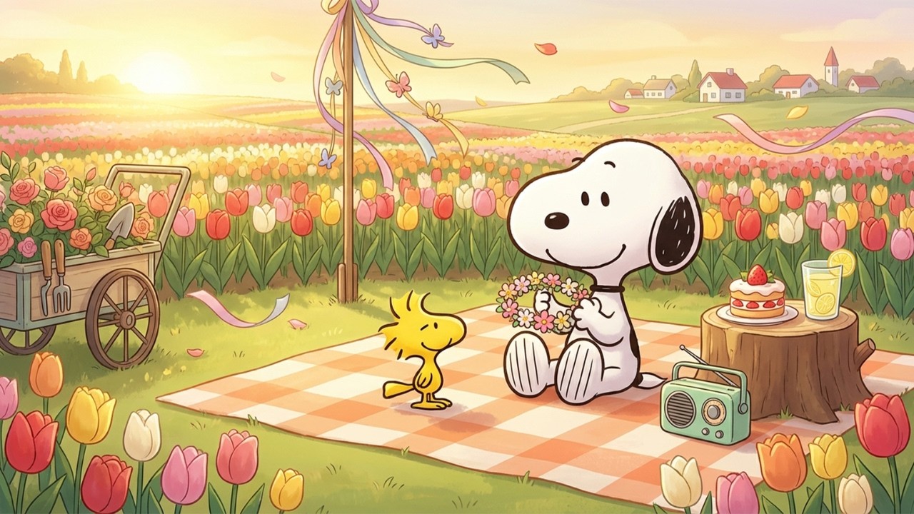 Snoopy’s Peaceful Spring Meadow Picnic 🌷 Soft Sunset Lofi for Relaxing Moments