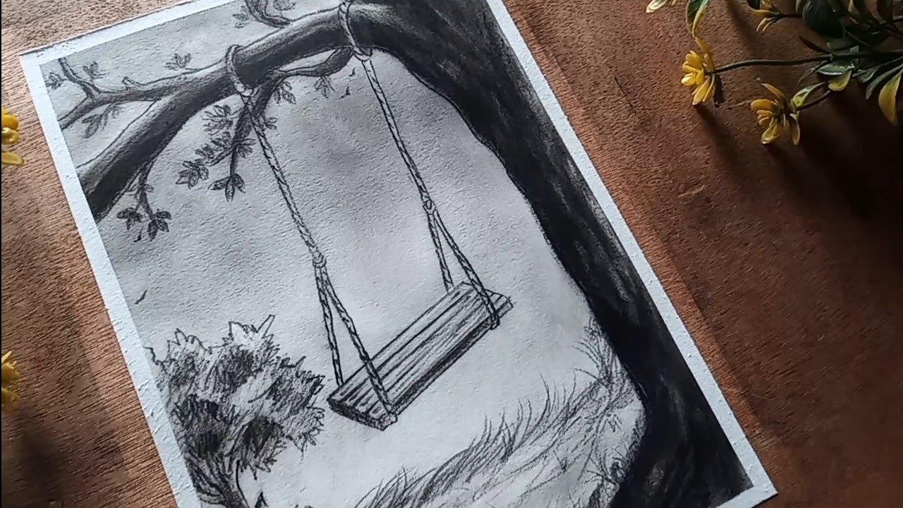 Tree🌳 par jhoola | Savan🌦 ka mausam 😉 Easy Charcoal Drawing for beginners