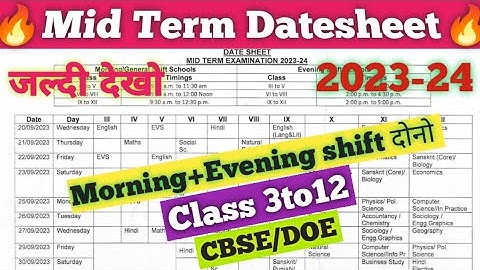 mid term exam datesheet 2023 2024 class 3to12 doe/cbse / date sheet Kaise download Karen