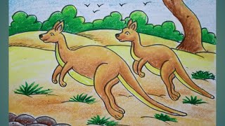 Let's colour...drawing no 34/how to draw Kangaroo with oil pastel painting very easy/ forest drawing