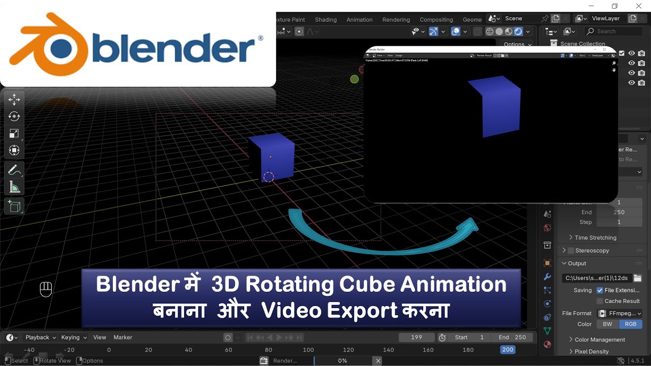 Blender में 3D Rotating Cube Animation बनाना और Video Export करना | Blender Tutorial in Hindi