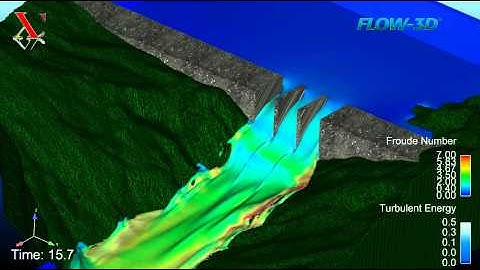 Flow-3D hydraulic simulation - Dammed river reservoir draining - Flow over a Spillway