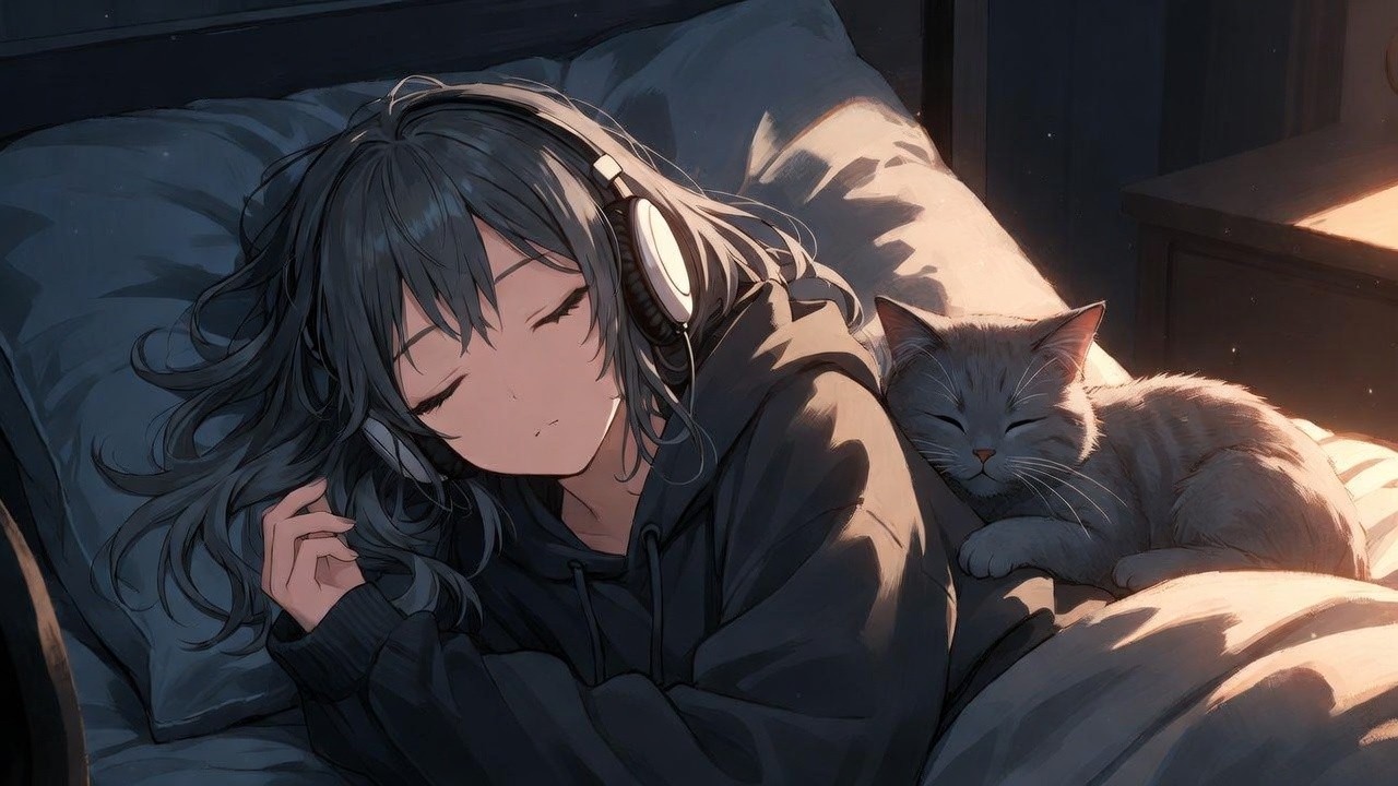 Peaceful Sleep Lofi 🌙 | Girl & Cat, Calm Night Ambience