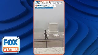 Soldier Continues Watch Over Tomb of the Unknown Soldier As Hurricane-Force Winds Lash DC